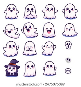 Cute Ghost Set, Perfect for Halloween and Spooky Themes - Flat Vector Illustration