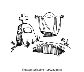 cute ghost in a shroud rising from the grave with tombstone, halloween character, vector illustration with black ink contour lines isolated on a white background in a cartoon & hand drawn style