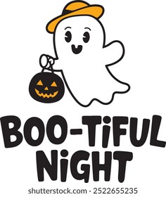 Silhueta Fantasma Bonito com Trick-or-Treat Saco e Boo-tiful Noite Texto para Halloween Vetor Arte