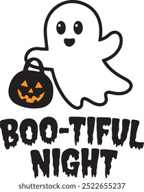 Cute Ghost Silhouette with Trick-or-Treat Bag and Boo-tiful Night Text for Halloween Vector Art