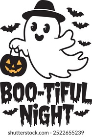 Cute Ghost Silhouette with Trick-or-Treat Bag and Boo-tiful Night Text for Halloween Vector Art