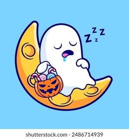 Cute Ghost Sleeping On Moon With Candy Pumpkin Basket Cartoon Vector Icon Illustration. Science Holiday Icon Concept Isolated Premium Vector. Flat Cartoon Style