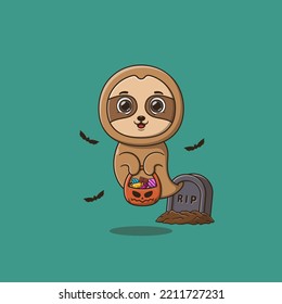 Cute ghost sloth holding pumpkin basket full of candies