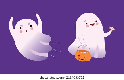 Cute Ghost with Smiling Face Carrying Pumpkin with Sweets and Flying Vector Set
