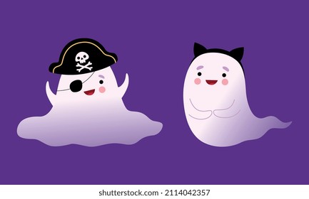 Cute Ghost with Smiling Face in Pirate Hat and Eye Patch Vector Set