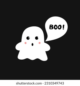 Cute ghost and speech bubble with text BOO! Halloween ghost on black background. Vector illustration