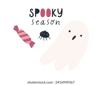 Cute ghost with spider and candy, Halloween greeting card, cartoon vector illustration isolated on white background. Autumn holiday poster. Hand drawn children character.