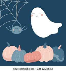 Cute ghost, spider, cobweb, pumpkins. Halloween concept. Template for postcard, banner, poster, textile, wallpaper. Vector illustration in flat modern style.
