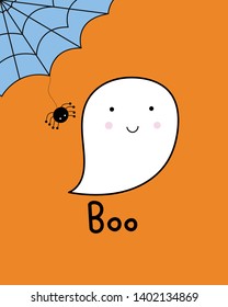 Cute ghost with spider web and boo lettering for Halloween day on orange background