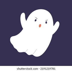 Cute ghost spook with scaring spooky face expression. Funny Halloween phantom spirit floating, frighting. Magic kawaii boo character for Helloween holiday. Isolated childish flat vector illustration