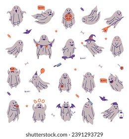 Cute Ghost Spooky Character and Flying Spirit Vector Set