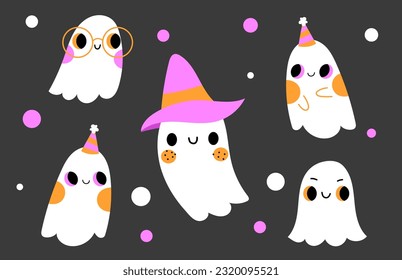 Cute ghost spooky scary Halloween cartoon with character set  lovely adorable collection with helpers decorative elements for print, pattern, apparel.