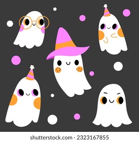 Cute ghost spooky scary Halloween cartoon character set  lovely adorable collection with helpers decorative elements for print, pattern, apparel.