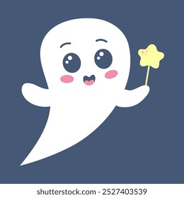 Cute ghost with star lollipop. Spooky funny Halloween character. Vector flat hand drawn illustration.