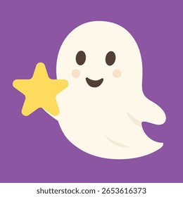 Cute Ghost with Star in Minimal Flat Style. Hand Drawn Vector Art.