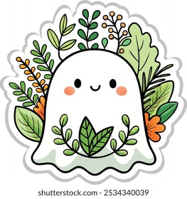 Cute ghost surrounded by leaves and flowers, kawaii style, for web design, stickers, or isolated icons in a playful, autumnal theme.