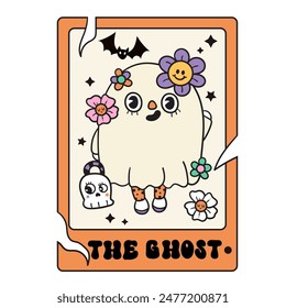 Cute ghost tarot card with skull basket and flower Groovy Halloween. Series: Retro cartoon kawaii drawing (trick or treaters) Kids party. Perfect make a wish for background, greeting card, pattern.
