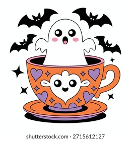 Cute ghost in teacup with bats saucer Halloween