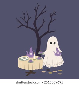 Cute ghost with teapot under spooky tree vector illustration. Whimsical Halloween character with cup of tea, round dining table, bare tree on dark background. Modern cozy Happy Halloween design