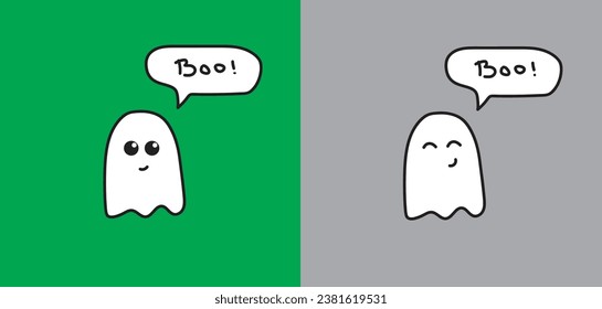 Cute ghost with text. Halloween card illustration. Boo. Vector, simple lines, hand drawing. Cute funny ghost.