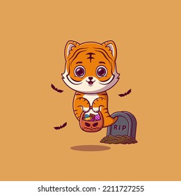 Cute ghost tiger holding pumpkin basket full of candies