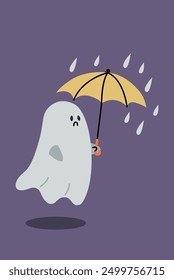 Cute Ghost with Umbrella. Halloween illustration. Spooky season. Rainy Weather.