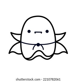 Cute ghost in a vampire costume. Count Dracula costume. Halloween costume party. Halloween design element. Funny ghost character. Children's print, sticker, decal