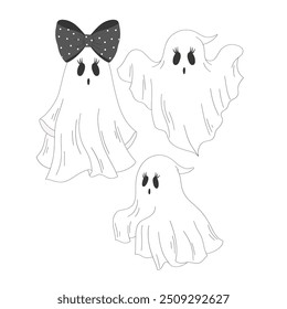 Cute ghost vector clip-art set isolated on white. Coquette Halloween illustration.