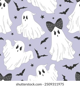 Cute ghost vector seamless pattern. Coquette Halloween background.