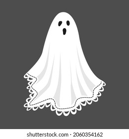 Cute ghost in a vintage sheet decorated with lace trimming. Template for Halloween decorative design. Isolated vector illustration.