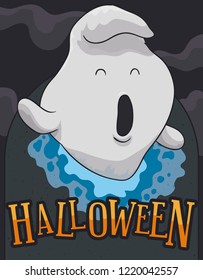 Cute ghost waking up for the night of Halloween from a tomb across a spiritual dimensional vortex.