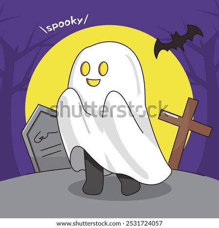 A cute ghost walking in the cemetery within the forest