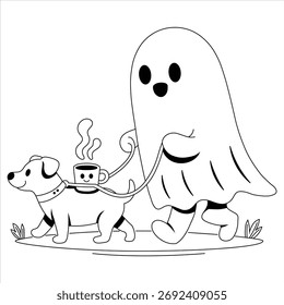 Cute Ghost Walking Dog with Coffee Cup Halloween Vector.