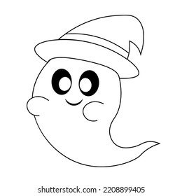 Cute Ghost with watch hat. Draw illustration in black and white