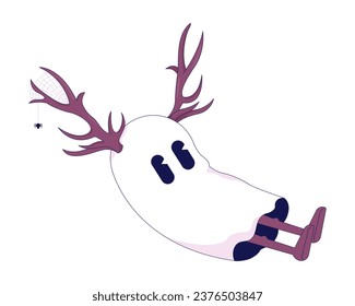 Cute ghost wearing deer antlers 2D linear cartoon character. Halloween friendly spirit with spider web isolated line vector personage white background. Kawaii ghost float color flat spot illustration