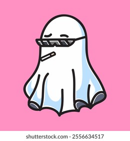 Cute Ghost Wearing Glasses Vector Cartoon Illustration. Cute Icon Concept Isolated Premium Vector. Flat Cartoon Concept for Event. Cute Doodle Cartoon Illustration Style. Suitable for Any Project
