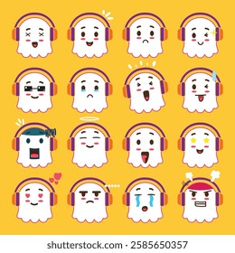 a cute ghost wearing a headset emoticon set for emoji project design element or mascot