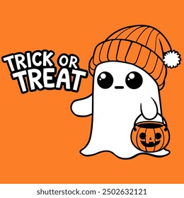 Cute Ghost trägt eine orangefarbene Mütze und hält einen Kürbiseimer mit "Trick or Treat"-Text auf orangefarbenem Hintergrund.