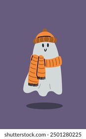 Cute ghost wearing Scarf and Beanie. Halloween illustration. Spooky season. Fun spirit character. 