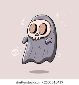 Cute Ghost Wearing Skull Mask Vector Illustration