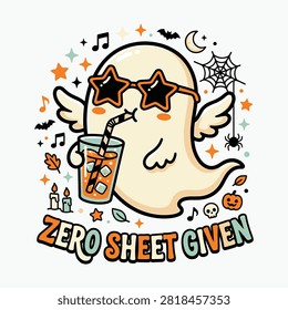 Cute ghost wearing star sunglasses drinking iced coffee with the text zero sheet given in this fun halloween vector design illustration