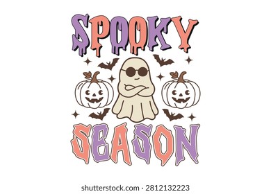 A cute ghost wearing sunglasses is centered between pumpkins and bats, surrounded by the text 'Spooky Season' in a playful design.