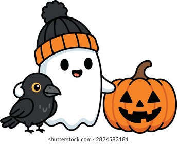 Cute ghost wearing a winter hat standing next to a black crow and a jack o lantern pumpkin