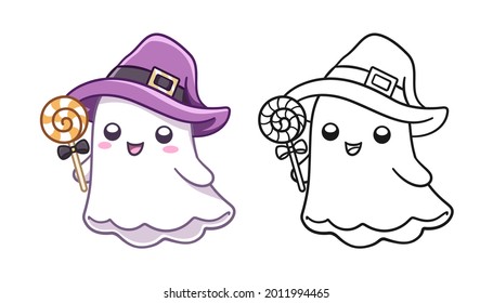 Cute ghost wearing witch hat holding candy colored and outline doodle cartoon illustration set. Halloween, trick or treat coloring book page activity for kids and adults.