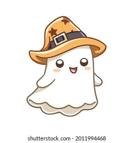 Cute ghost wearing witch hat costume vector illustration clipart. Halloween trick or treat party card invitation print, shirt or product print, sticker design