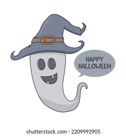 cute ghost wearing witch hat happy halloween vector illustration template design