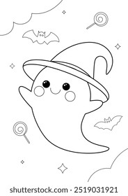 Cute ghost wearing witch hat in doodle cartoon style. Happy Halloween coloring page for kids and adults