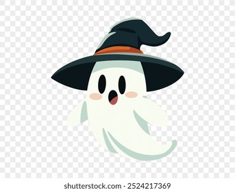 Lindo fantasma con sombrero de bruja aislado en png o fondo transparente, Anuncio de fiesta de Halloween. Vector