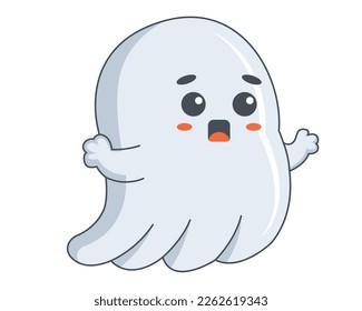 cute ghost in a white sheet. ghost scares people. flat vector illustration.