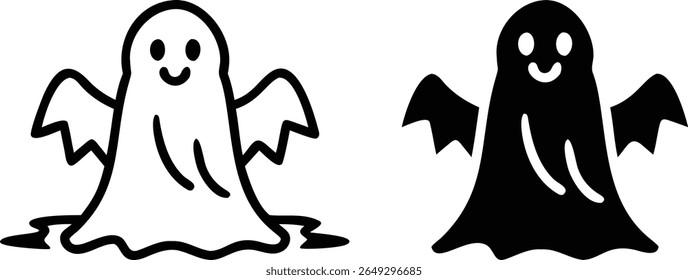 Cute Ghost with Wings Icon Vector Black and White Halloween Design